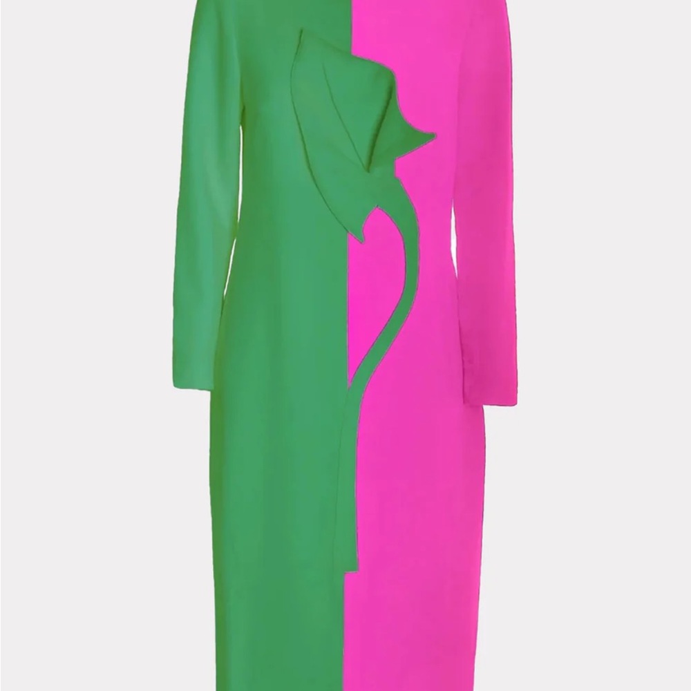 Moldovan Designer Elegant Green and Pink Long Sleeve Dress with sculpted flower - Picture 4 of 6